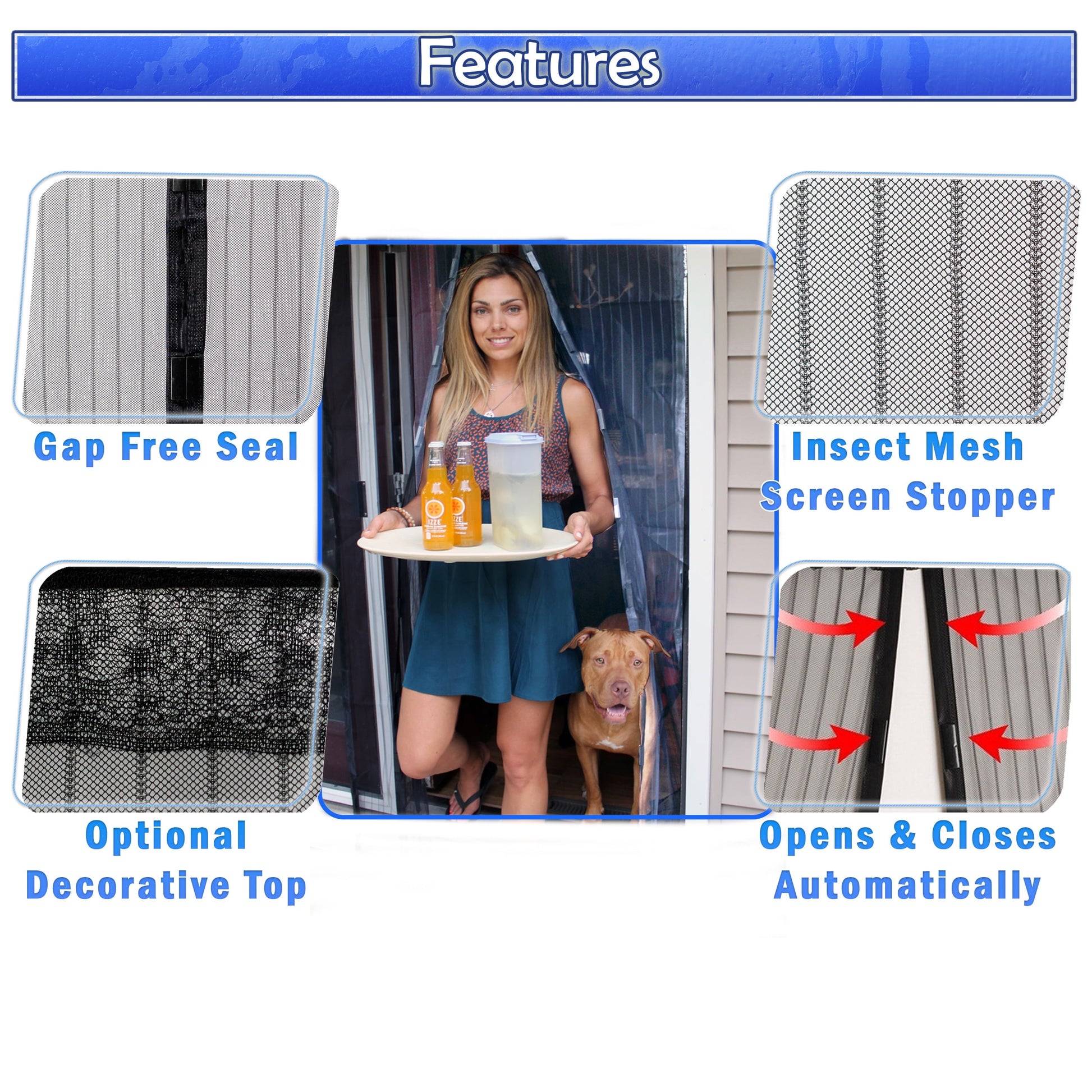 Magnetic Screen Mesh Door Full Frame Velcro Walk through Mosquito Screen Net - Hands-Free Automatic Snap Screen Closure Keeps Insects Bugs Out While Letting Fresh Air in (2 Sets)