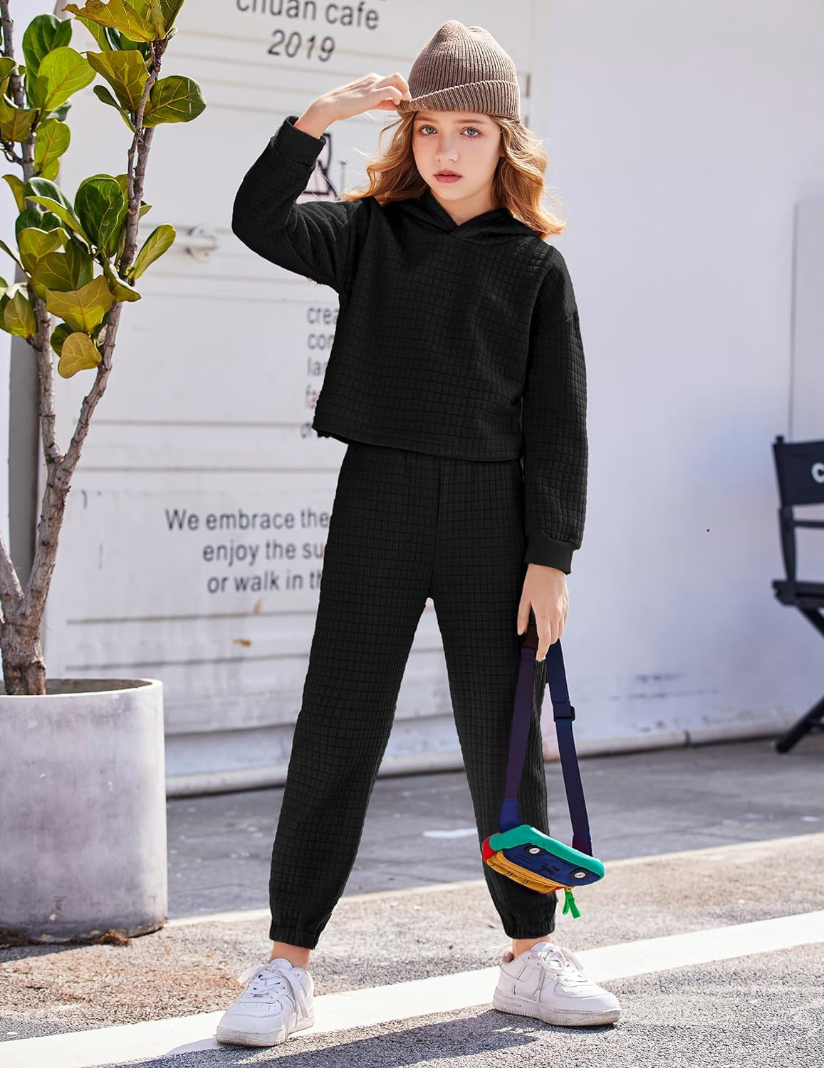 Arshiner Girls 2 Piece Outfit Waffle Knit Pullover Hooded Sweatshirt and Sweatpants Clothing Sets Long Sleeve Tracksuits