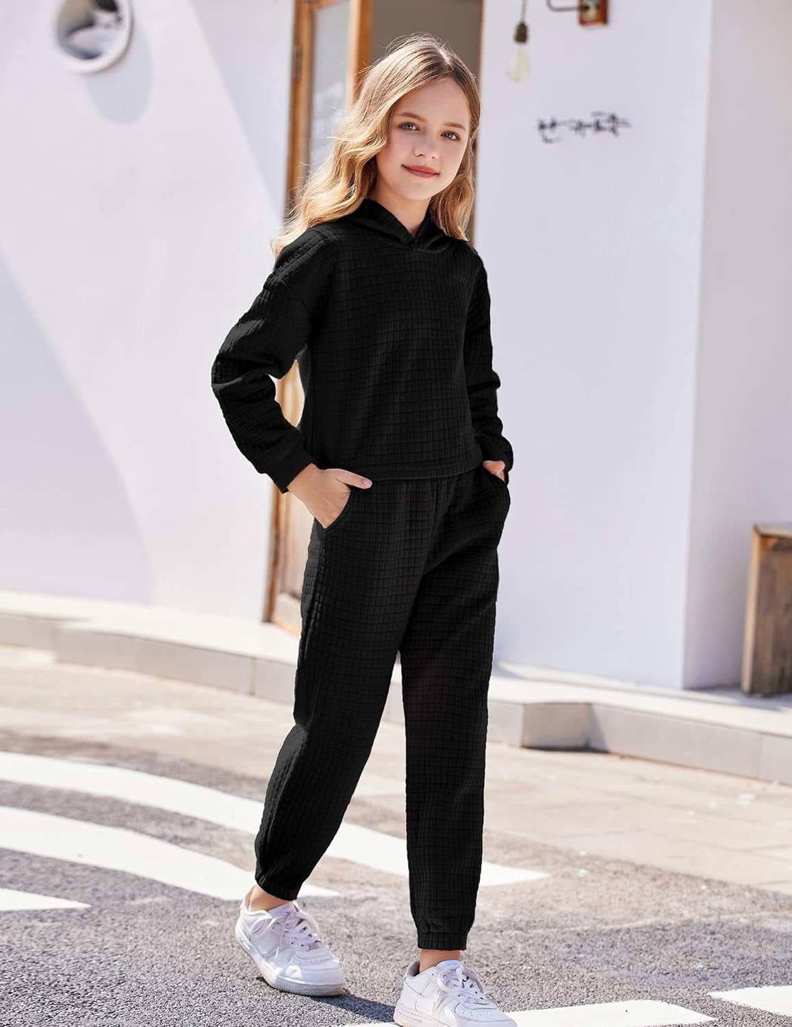 Arshiner Girls 2 Piece Outfit Waffle Knit Pullover Hooded Sweatshirt and Sweatpants Clothing Sets Long Sleeve Tracksuits