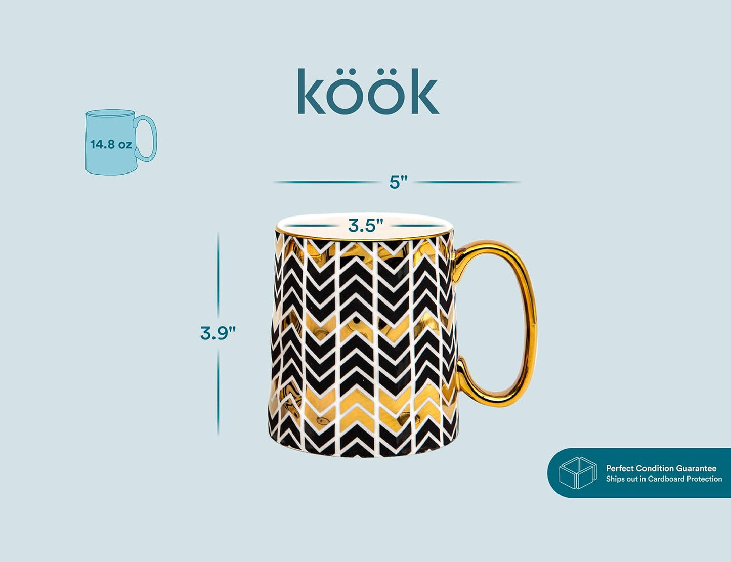 Kook Gold Coffee Mugs, Coffee Mug Set, Coffee Cup, Tea Cups, Porcelian, Geometric Design, Tea Cups with Handels, 14.8 Oz, Black and Gold, Set of 2