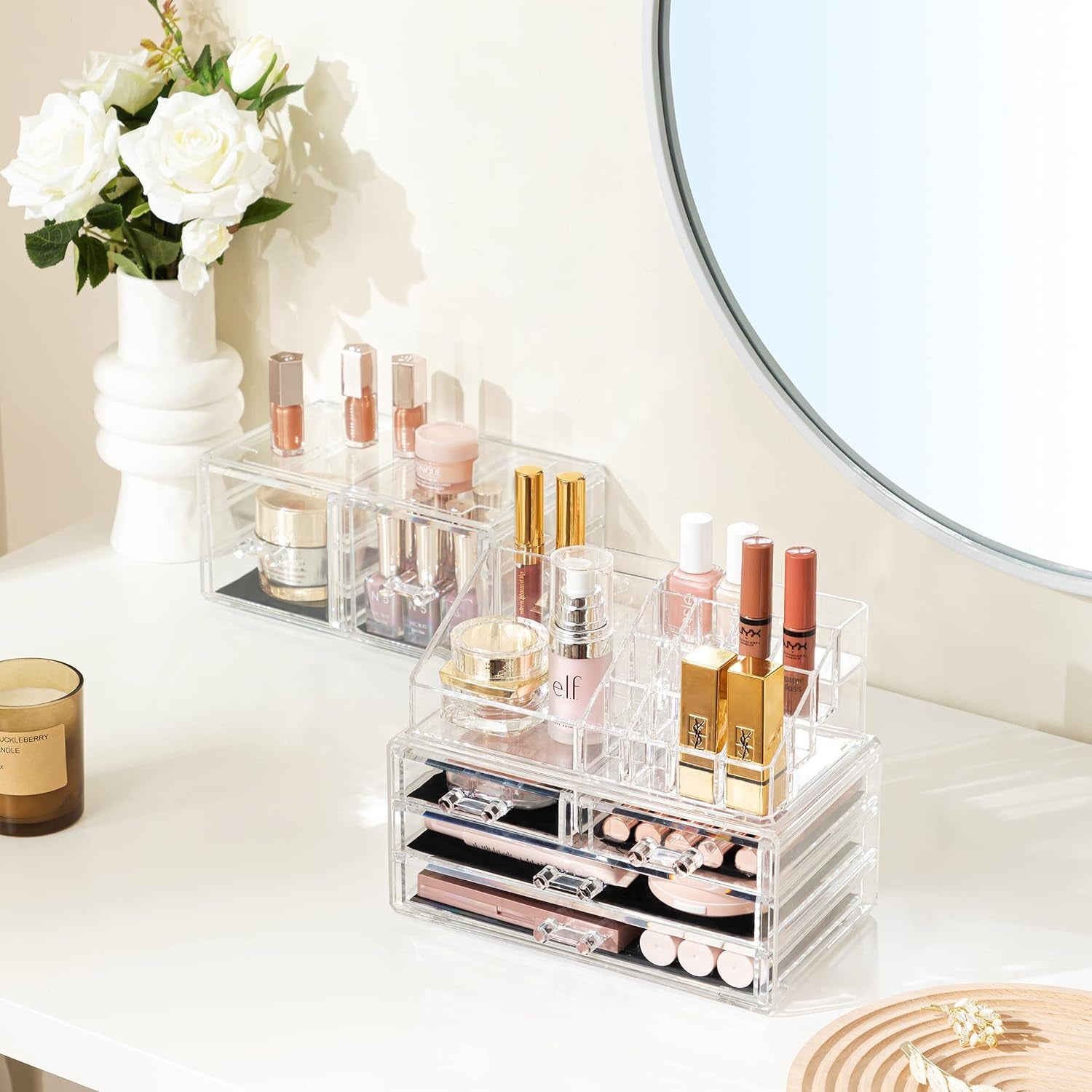 Hblife Acrylic Clear Dustproof Makeup Storage Organizer Drawers Large Skin Care Cosmetic Display Cases for Bathroom Stackable Storage Box with 6 Drawers for Vanity (Clear)