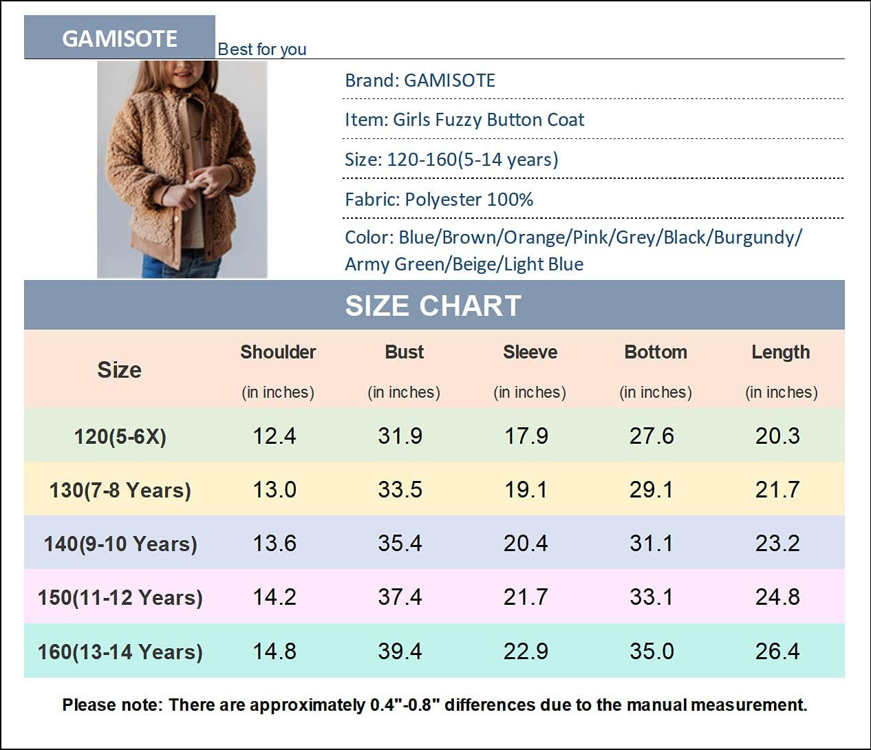 GAMISOTE Girls Warm Fleece Jacket Button up Faux Shearling Chunky Outerwear Coat with Pockets