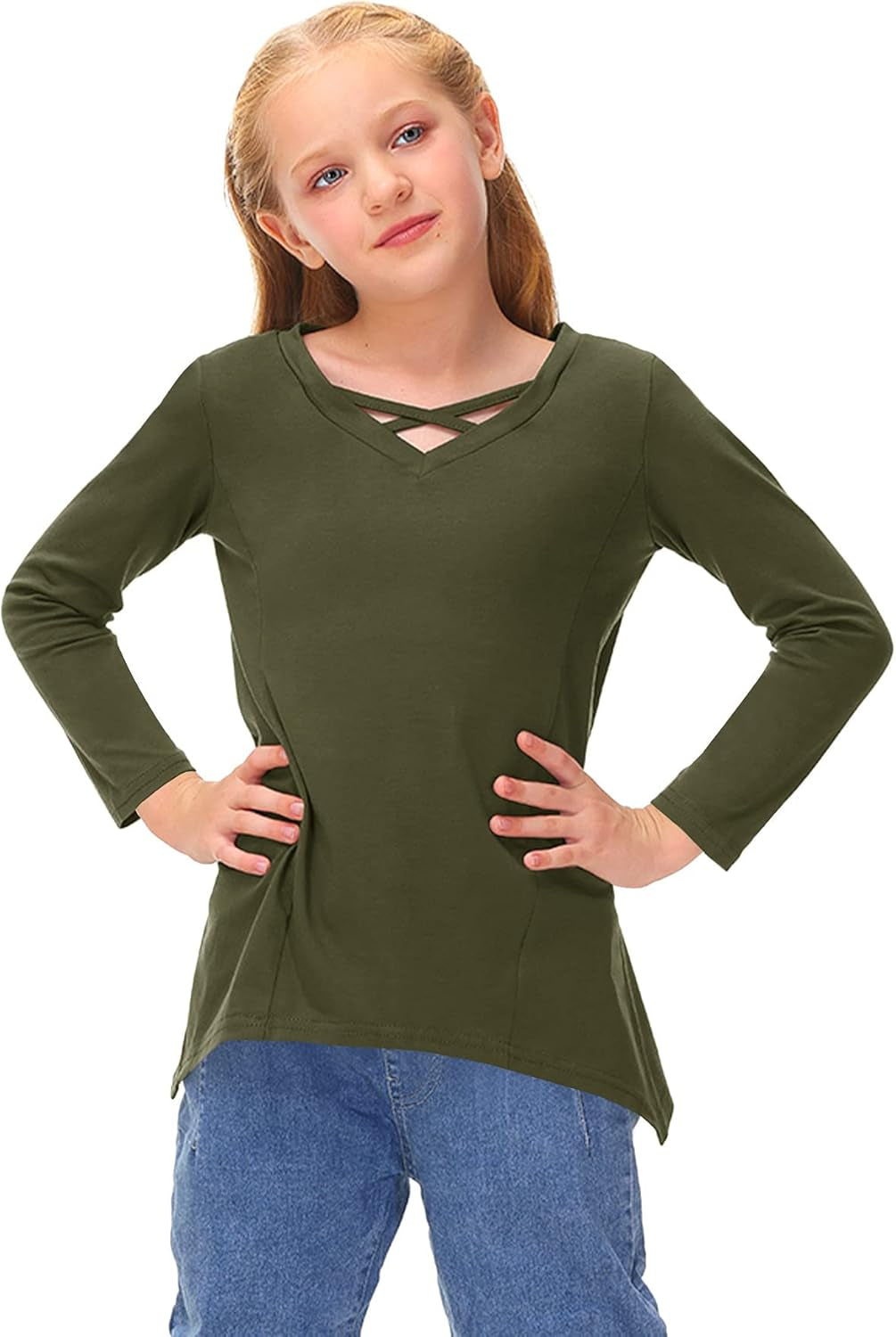 Besserbay Girls Solid Criss Cross Top V Neck Casual Long Sleeve Shirt 4-12 Years