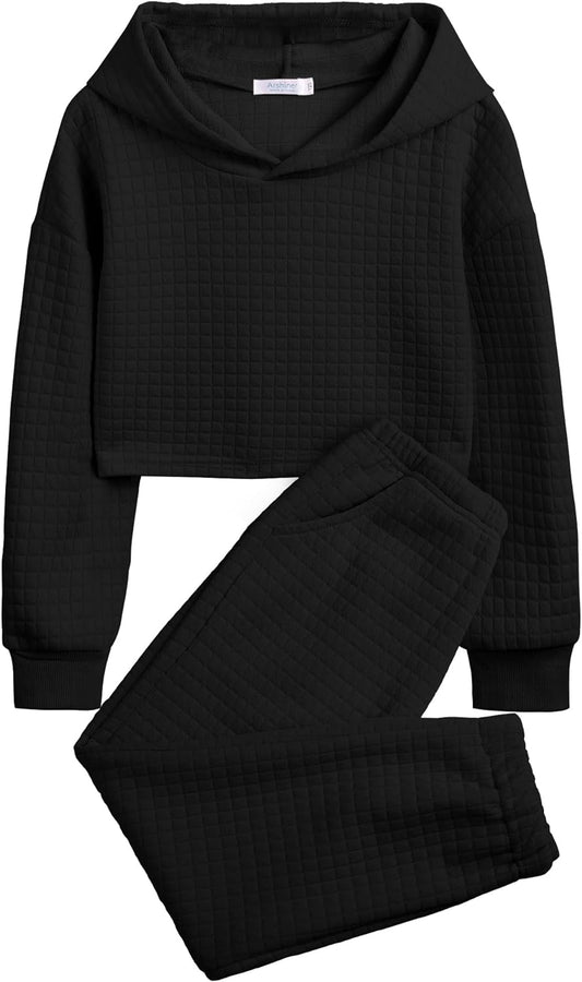 Arshiner Girls 2 Piece Outfit Waffle Knit Pullover Hooded Sweatshirt and Sweatpants Clothing Sets Long Sleeve Tracksuits