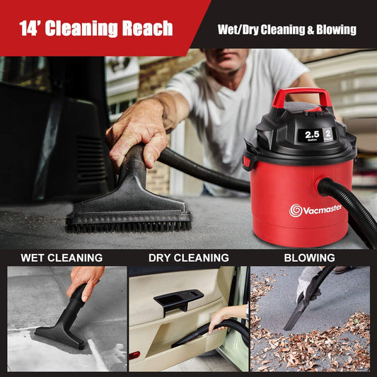 Vacmaster 2.5 Gallon Shop Vacuum Cleaner 2 Peak HP Power Suction Lightweight 3-In-1 Wet Dry Vacuum with Blower & Wall Mount Design for Cleaning Car, Boat, Pet Hair, Hard Floor