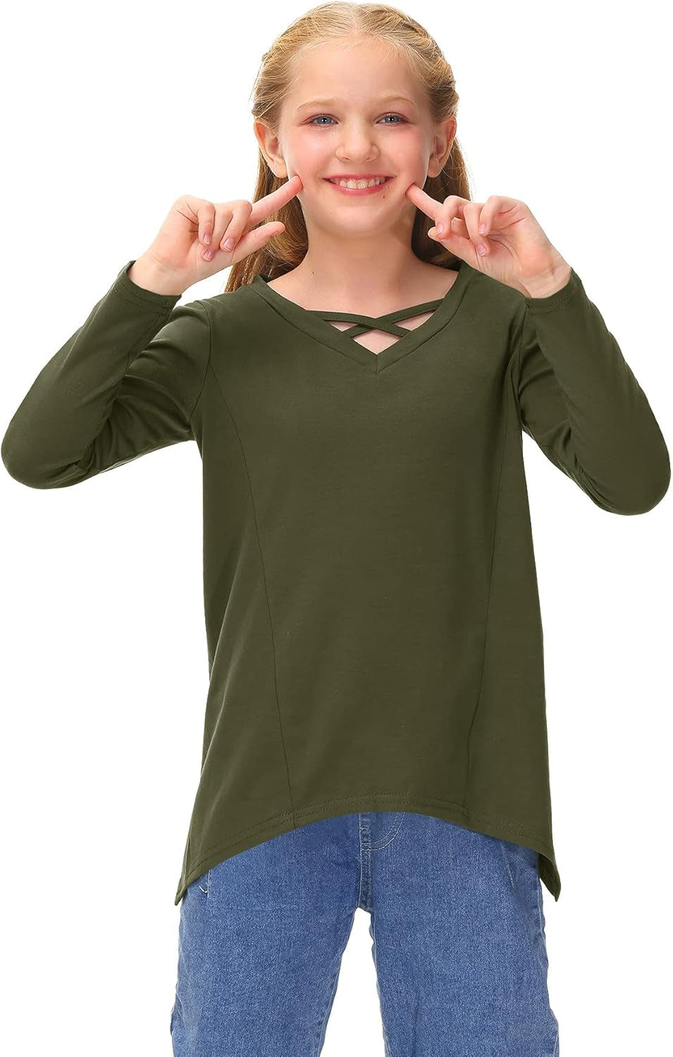 Besserbay Girls Solid Criss Cross Top V Neck Casual Long Sleeve Shirt 4-12 Years
