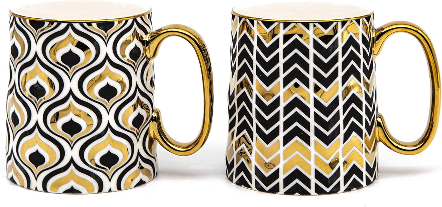 Kook Gold Coffee Mugs, Coffee Mug Set, Coffee Cup, Tea Cups, Porcelian, Geometric Design, Tea Cups with Handels, 14.8 Oz, Black and Gold, Set of 2